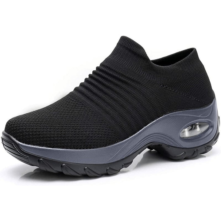 Solange women's arch support shoes in black with gray sole, top-down view showing cushioned insole