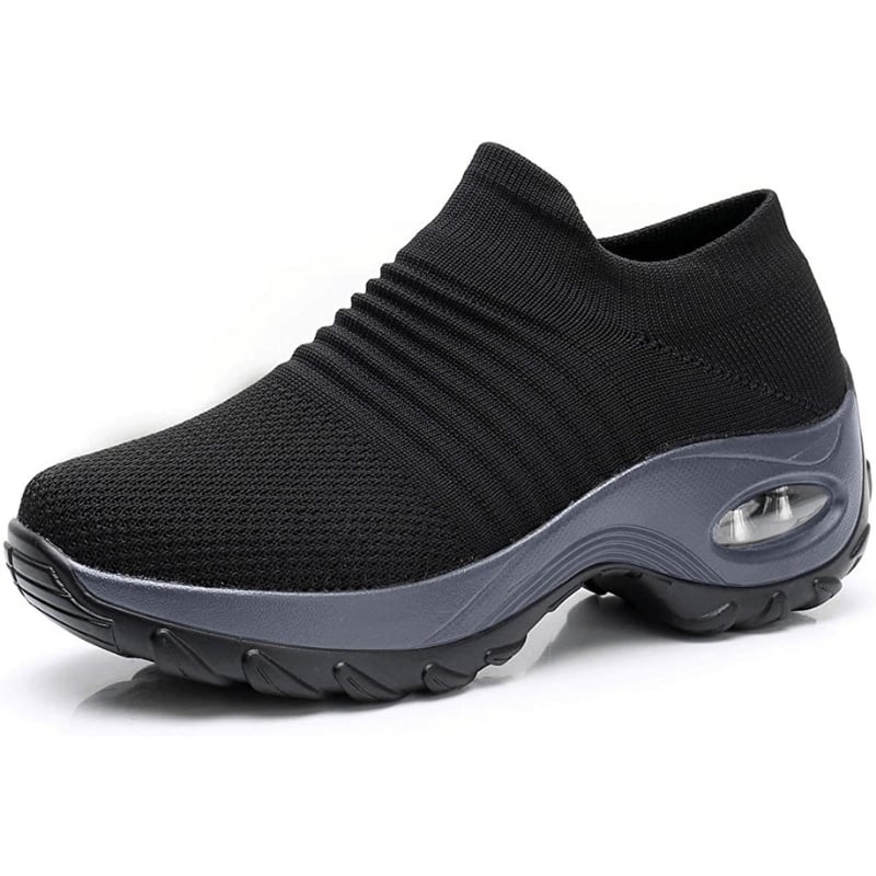 Solange women's arch support shoes in black with gray sole, top-down view showing cushioned insole