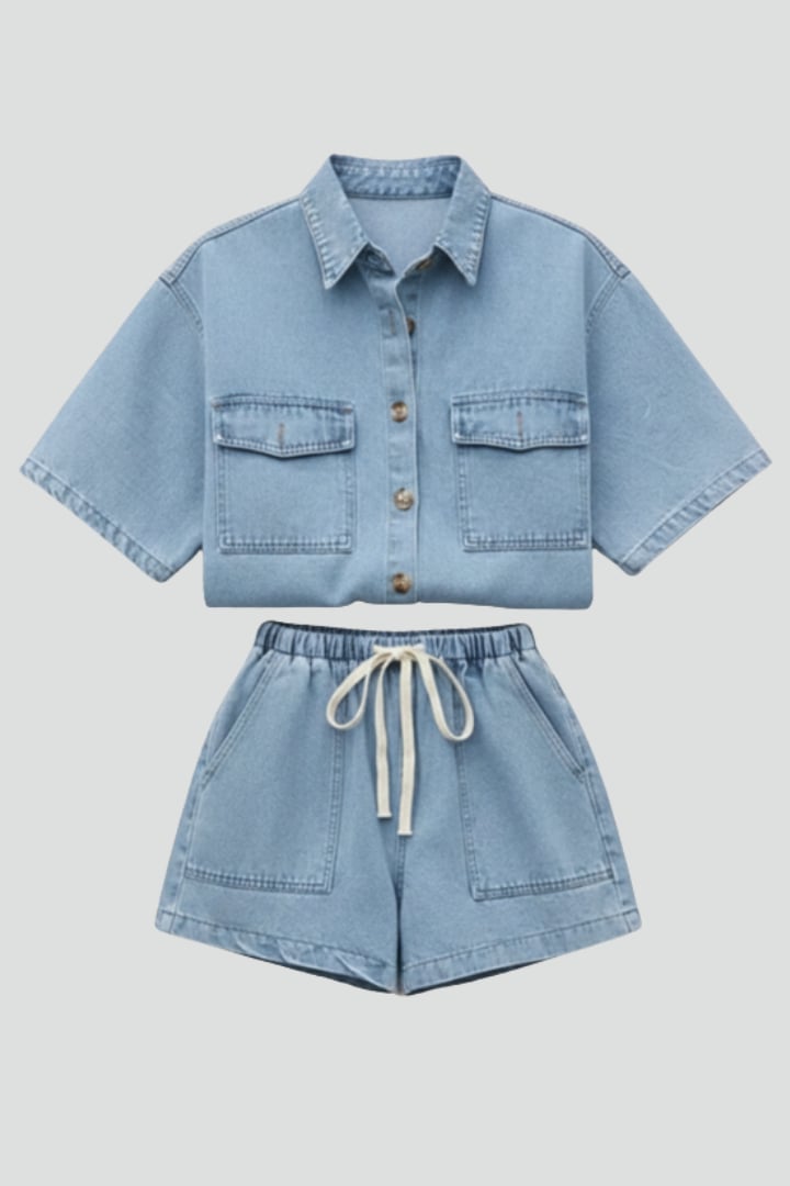 Woman wearing a light blue short sleeve collared shirt and matching high-waisted shorts from the Solara two-piece set
