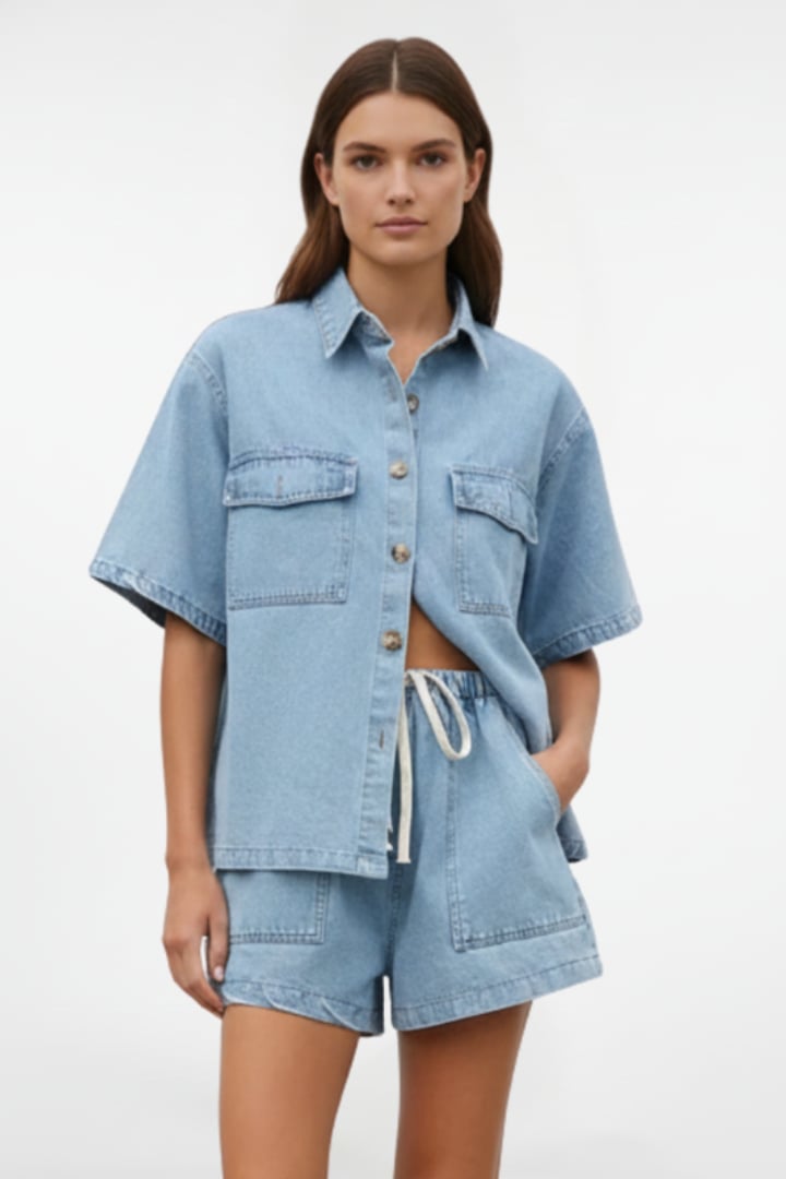 Front view of the Solara collared button-front shirt with patch pockets in light blue