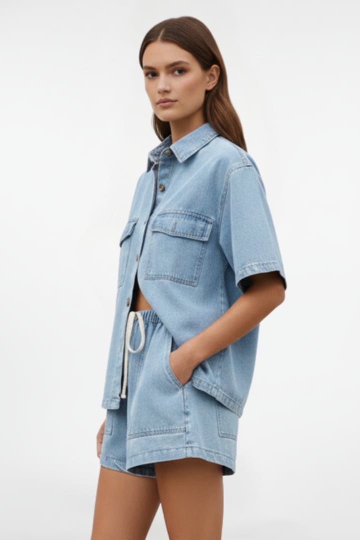 Close-up of the Solara set elastic waistband and high-waisted shorts in light blue