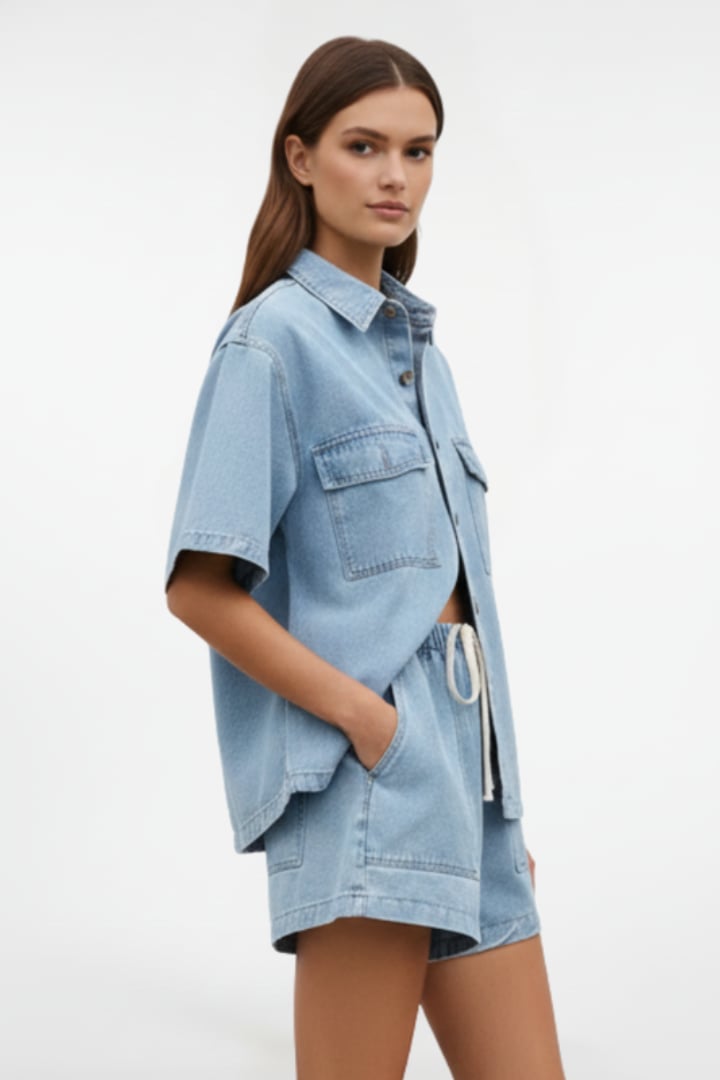 Woman styling the Solara two-piece set in blue with casual accessories