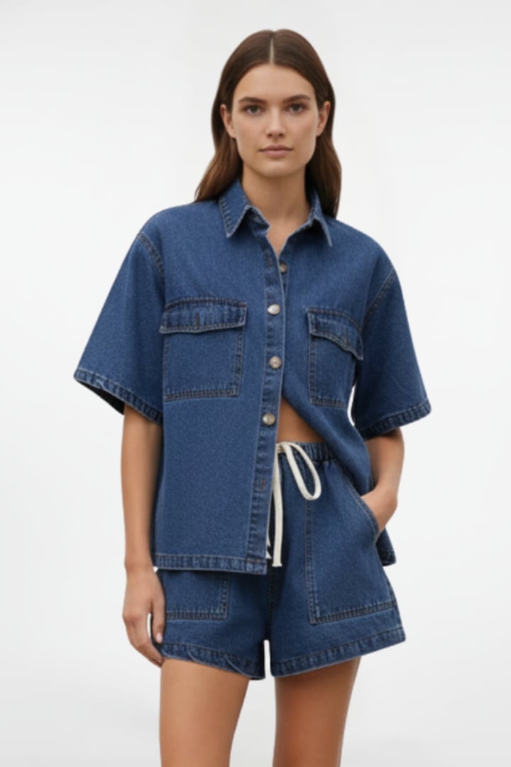 Flat lay of the Solara women's two-piece collared shirt and shorts set in light blue and blue