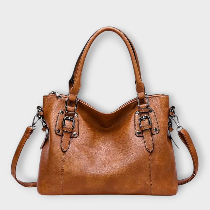Solveig classic structured handbag in brown with sturdy top handles and detachable shoulder strap