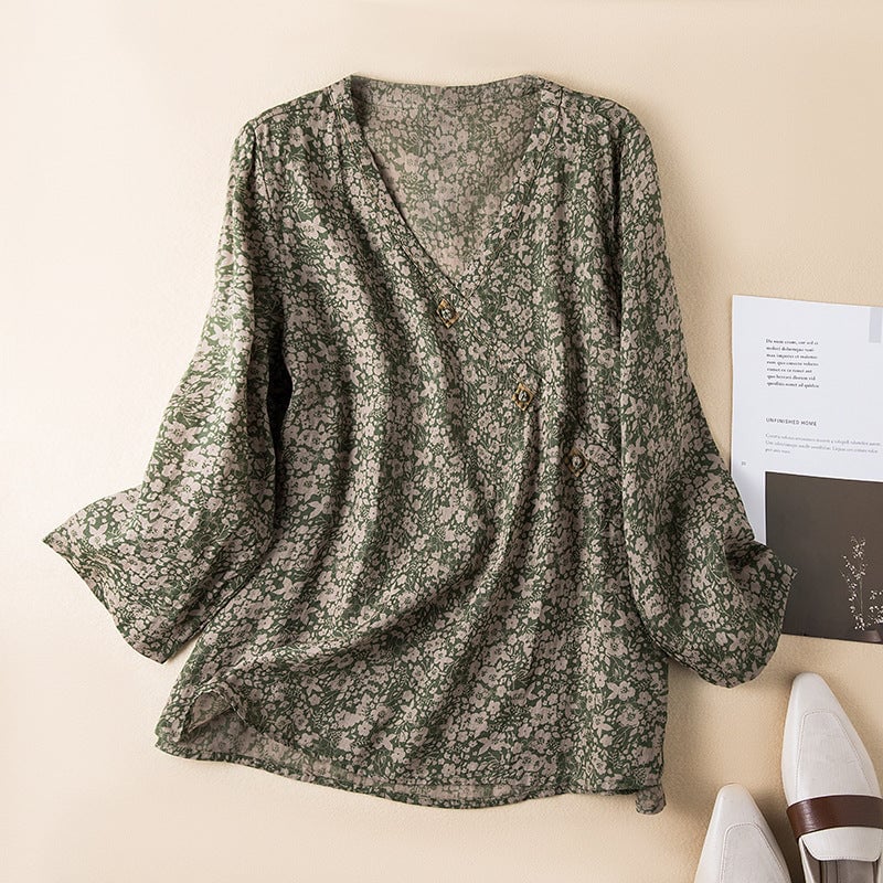Front view of embroidered button-front shirt styled with jeans