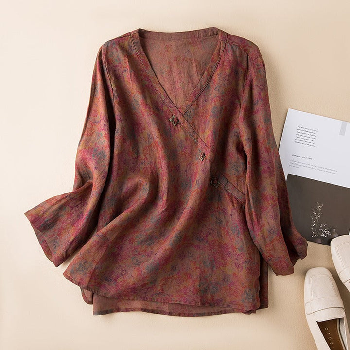 Woman wearing a relaxed embroidered shirt in a casual everyday setting