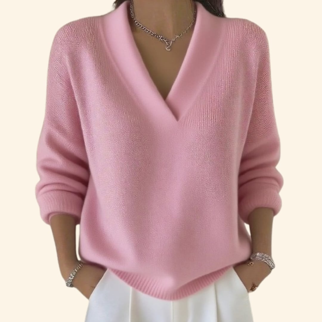 Close-up detail of the Sonia V-neck sweater highlighting the elegant neckline and lightweight knit texture