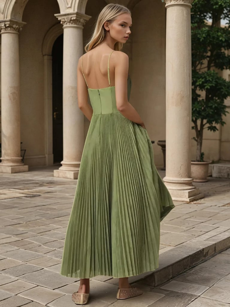 Close-up of the pleated skirt detail on an olive green maxi dress