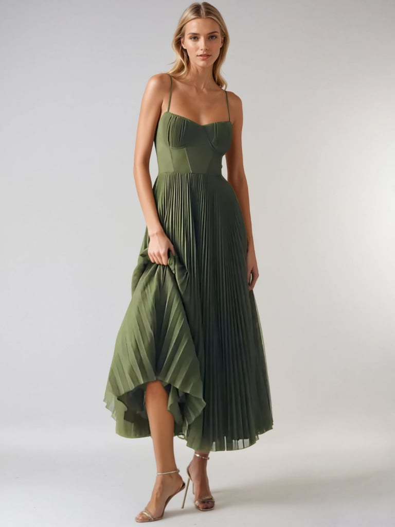 Back view of the olive green sculpted maxi dress with structured bodice