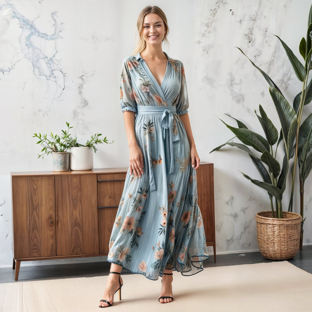 Front view of a soft, breathable V-neck midi dress with an elegant flared silhouette, available in sizes S to 3XL