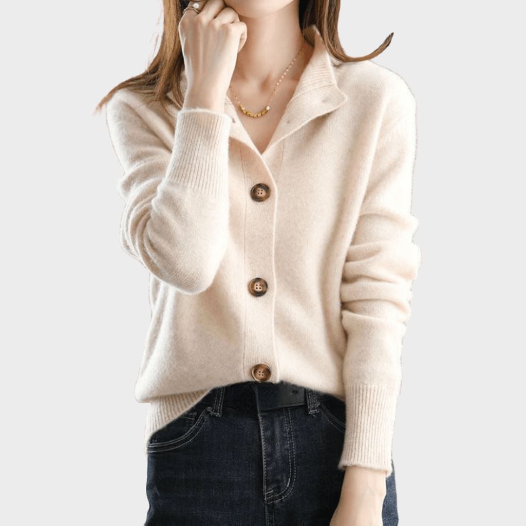 Side profile of the Stella cardigan showing the breathable, lightweight knit construction