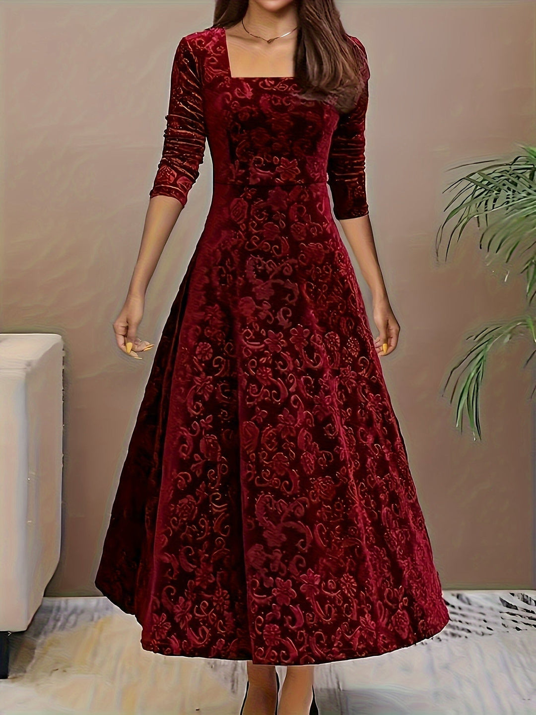 Front view of the Stella elegant dress in red, highlighting the flattering fit and graceful drape