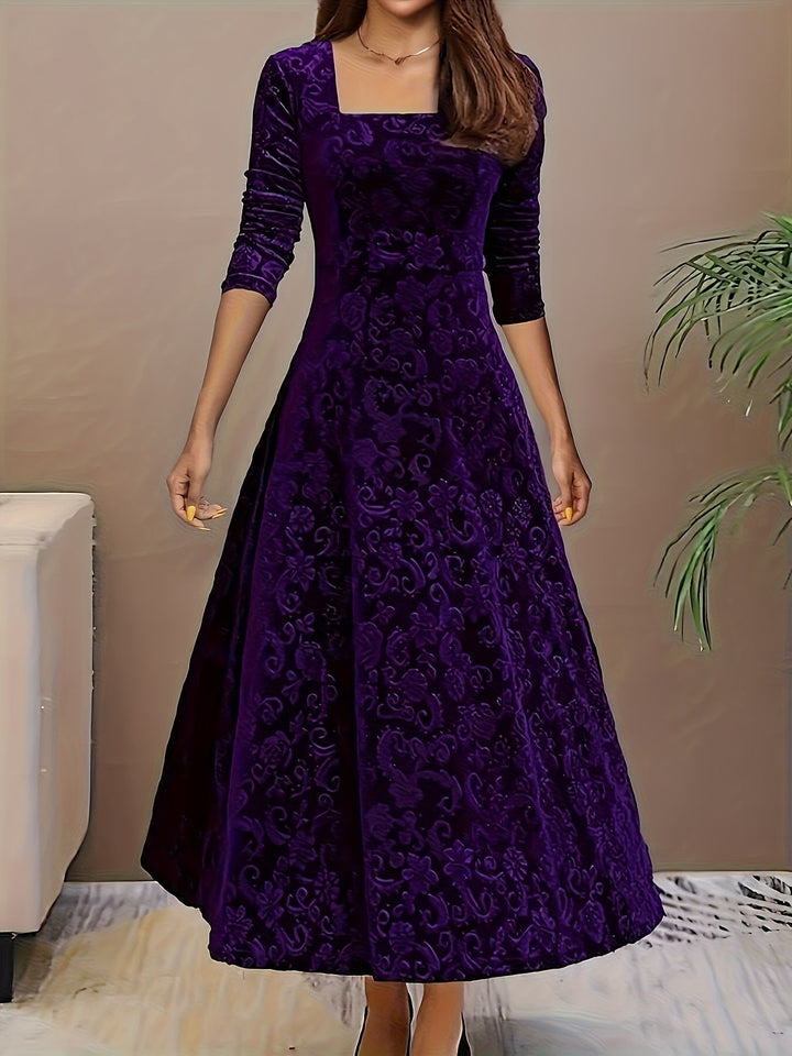 Side profile of the Stella elegant dress in purple showing the smooth, curve-enhancing silhouette