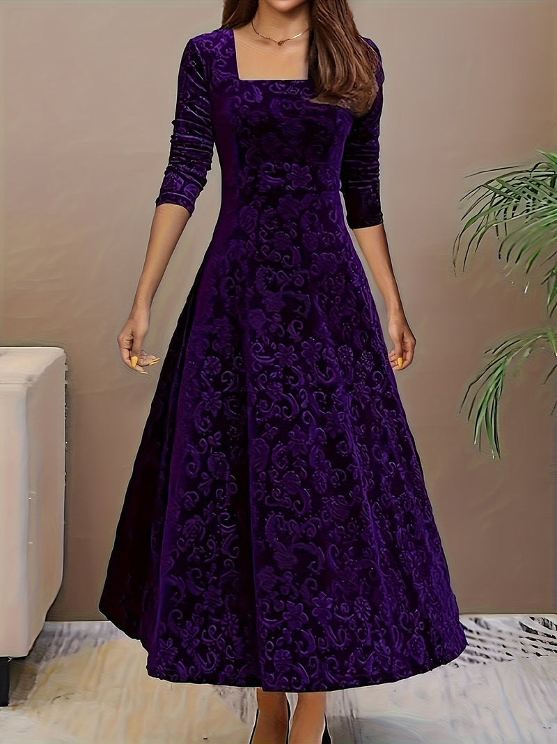 Side profile of the Stella elegant dress in purple showing the smooth, curve-enhancing silhouette
