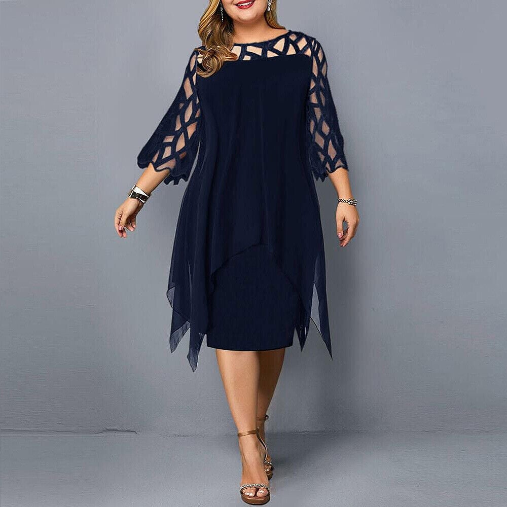 Front view of the Stella plus size midi dress in deep blue with graceful fabric draping
