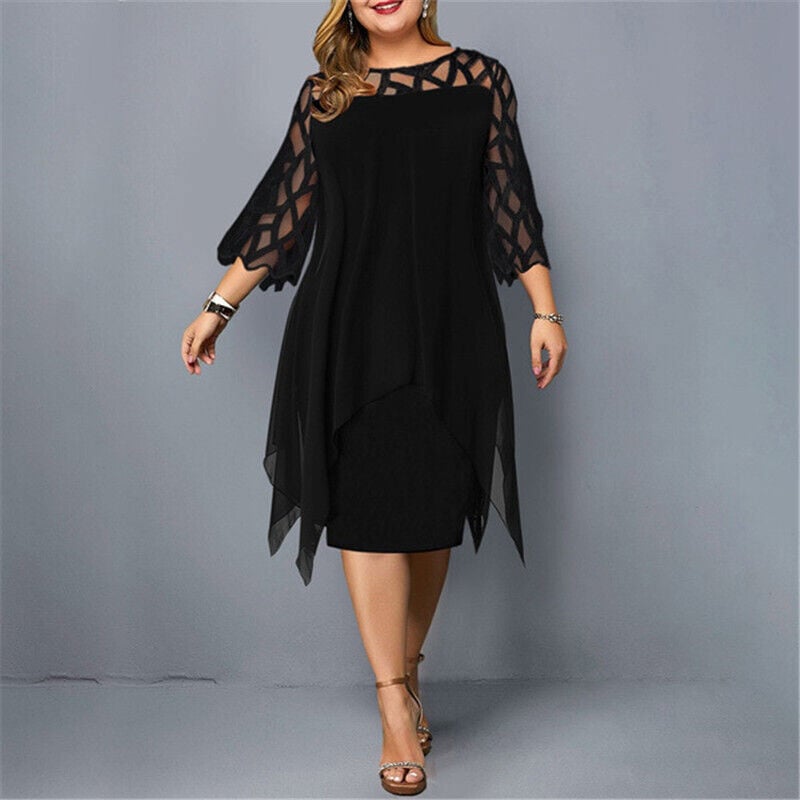 Full-length shot of the Stella draped midi dress in black, showing the elongating midi hemline