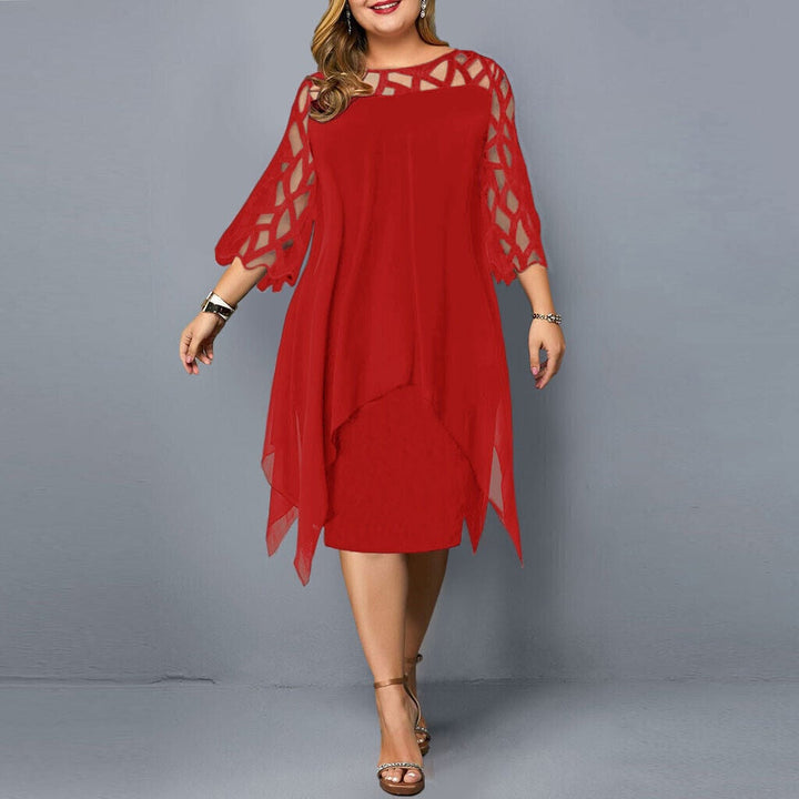 Side profile of the Stella plus size midi dress in red, emphasizing the flowing feminine silhouette