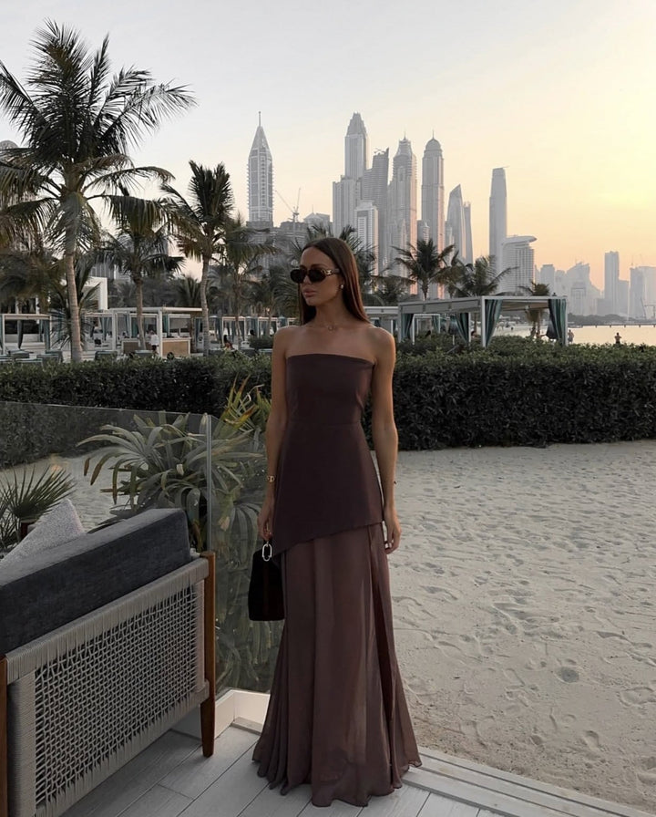 Close-up of patchwork mesh panels on the Stella strapless maxi dress in brown