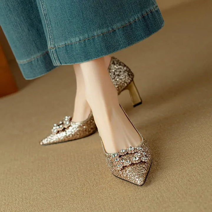 Stella gold glitter block heel pump side profile showing structured mid-height heel