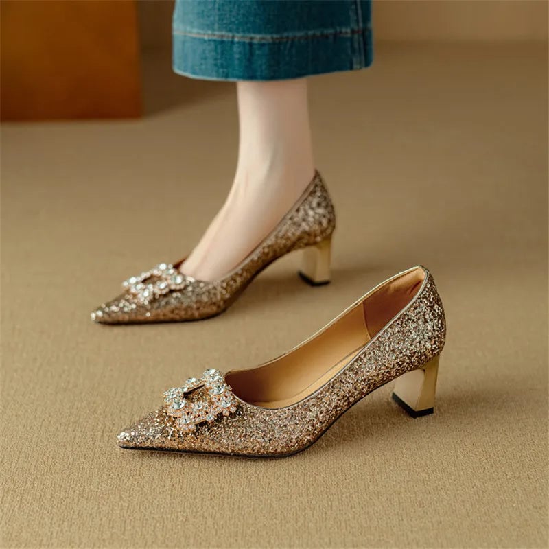 Stella gold glitter pump pointed toe close-up showing all-over shimmer finish