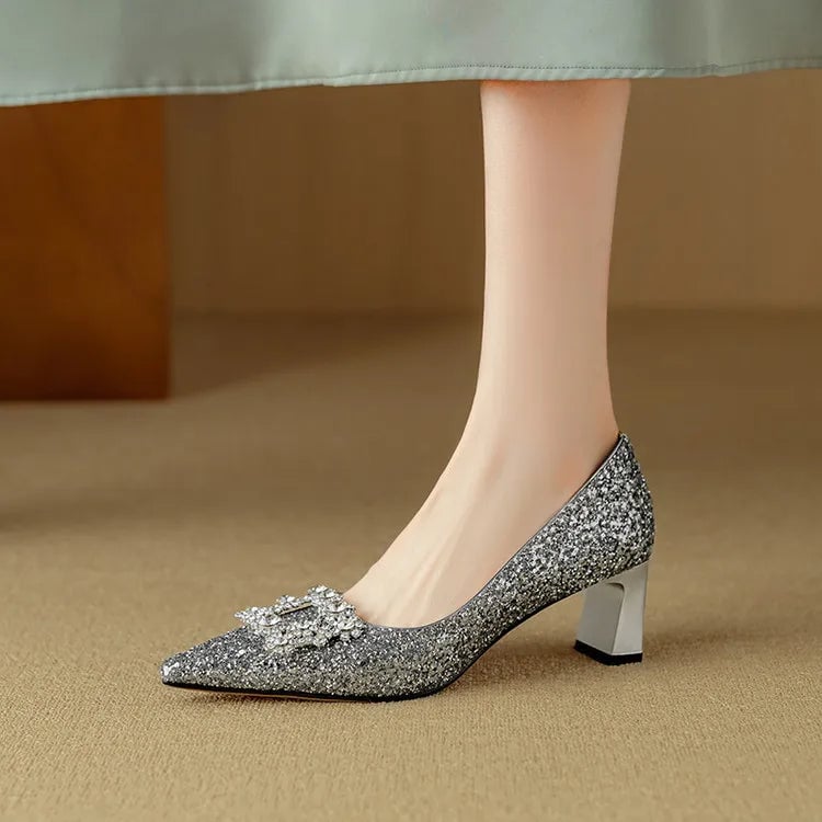 Stella gold glitter pumps sole view showing size and construction