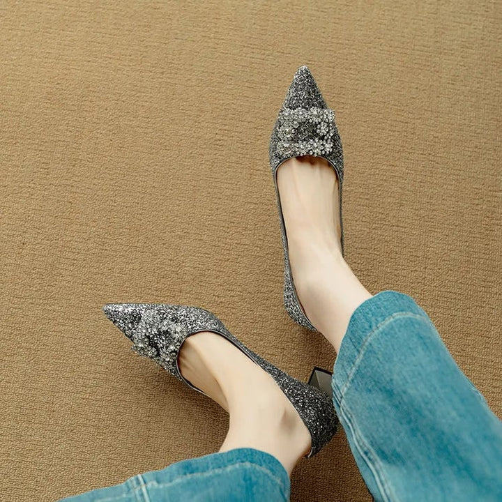 Stella gold glitter pumps back view highlighting block heel and glitter finish