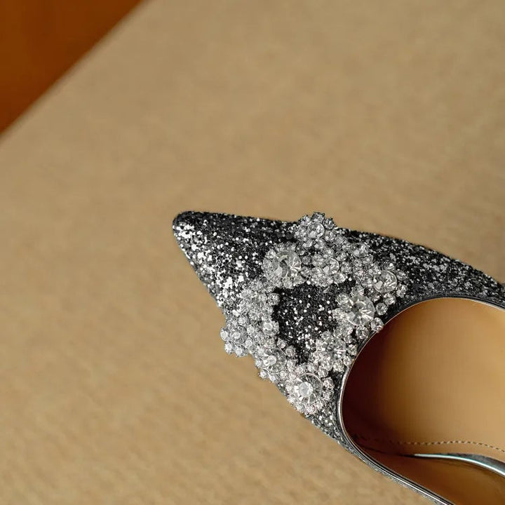 Stella silver glitter pump crystal buckle detail close-up at vamp
