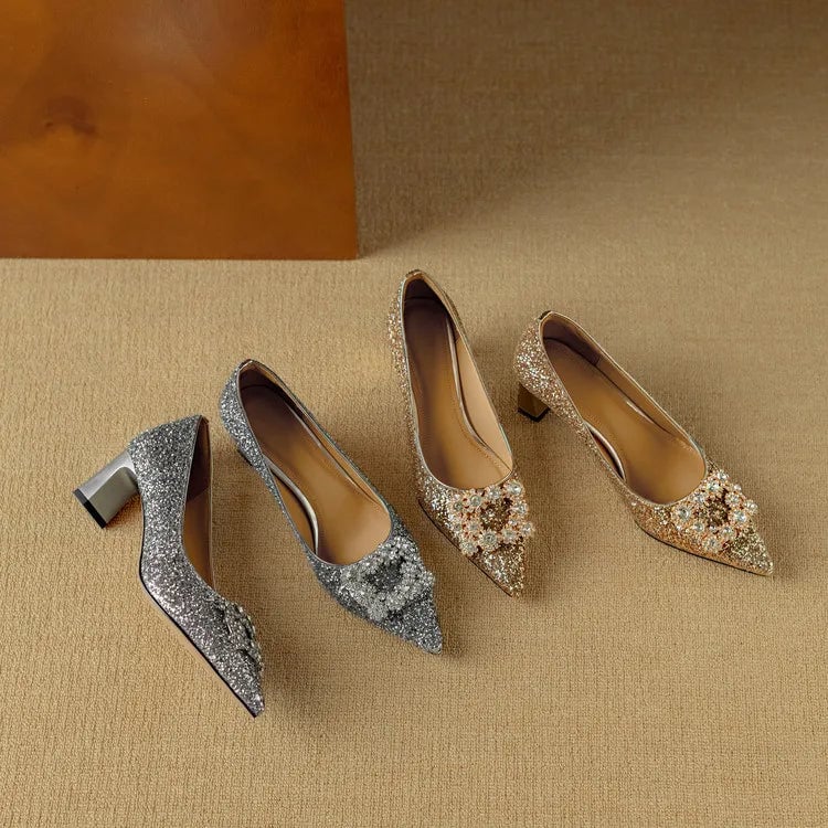 Stella silver glitter pumps back view highlighting block heel and glitter finish