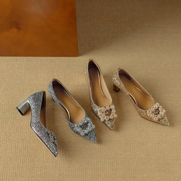 Stella silver glitter pumps back view highlighting block heel and glitter finish