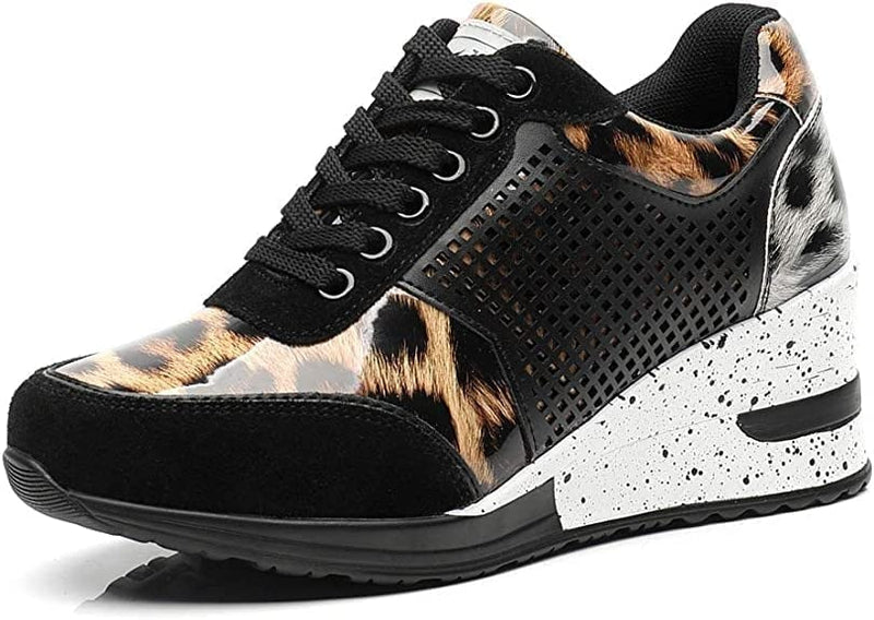 Leopard print Stella hidden wedge sneaker with lace-up front and glitter platform sole