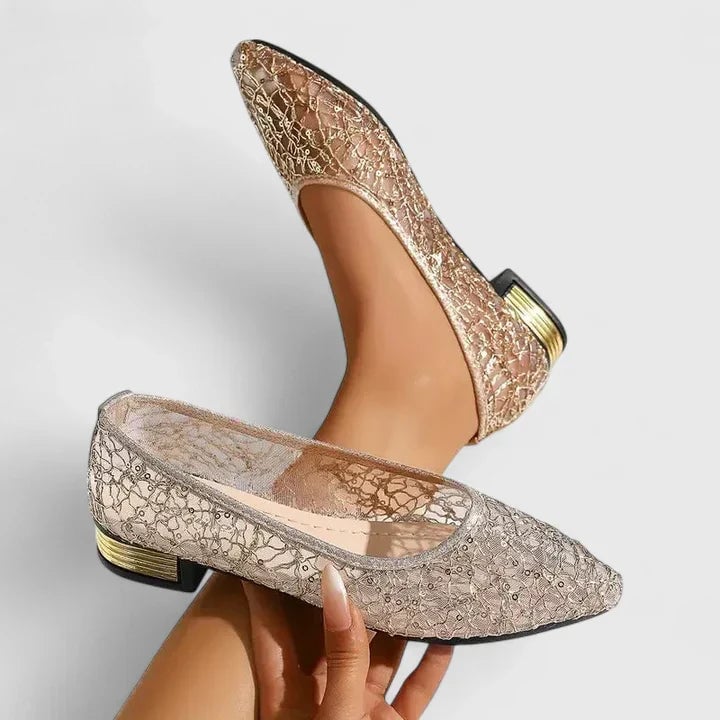 Stella lace pointed toe flats with gold metallic block heel, side profile view