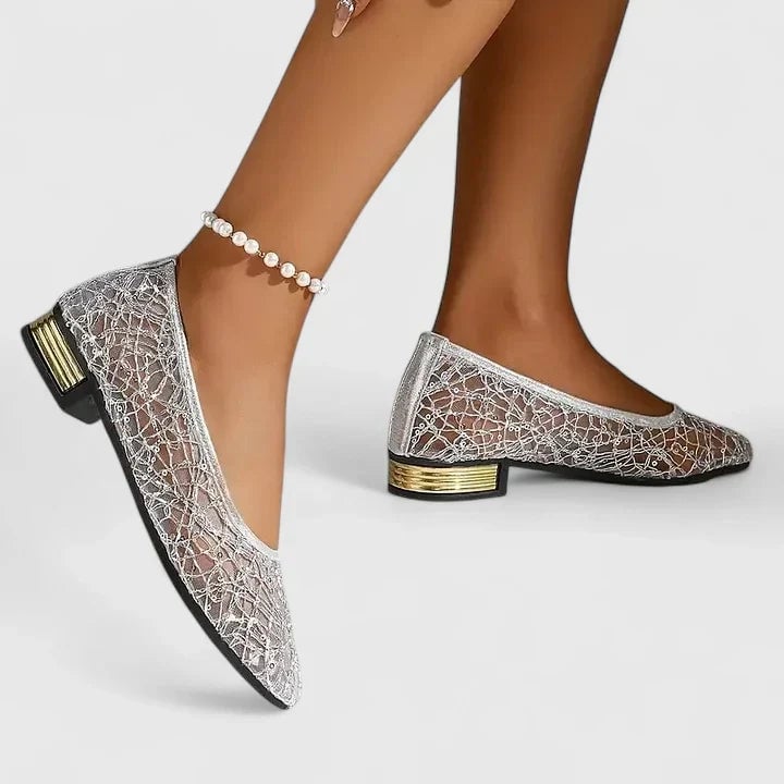 Gold metallic heel accent detail on Stella lace block heel flats