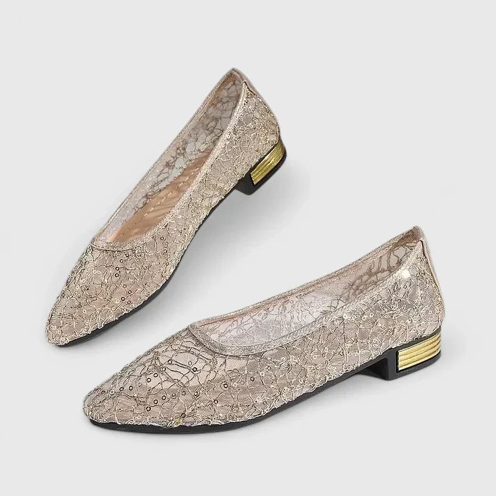 Stella lace flats in silver and gold colorways displayed side by side