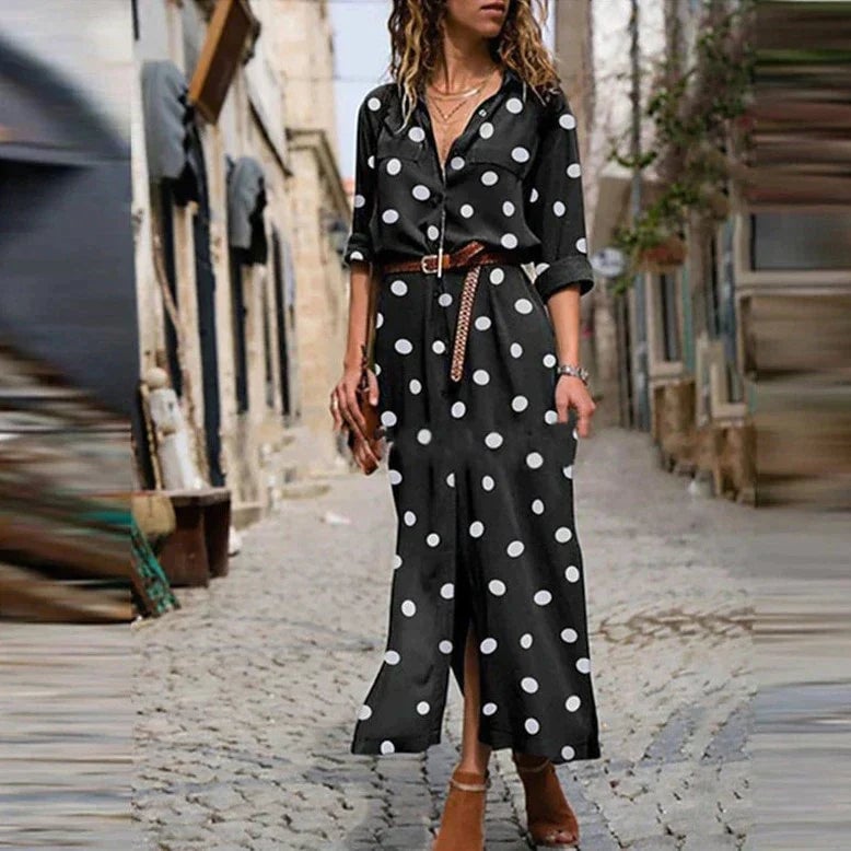 Close-up of the polka dot print and V-neck button-down detail on the Stella long sleeve maxi dress in army green
