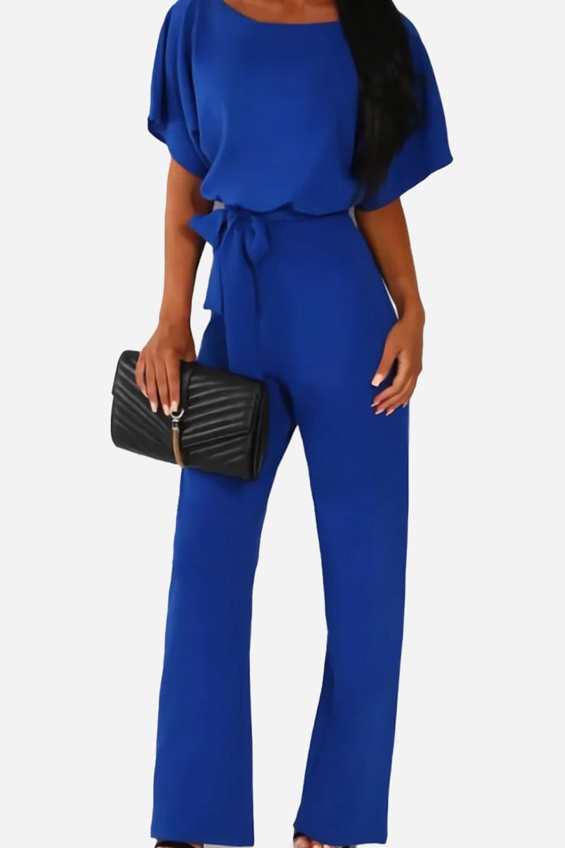 Close-up of the self-tie waist belt on the Stella belted jumpsuit in black