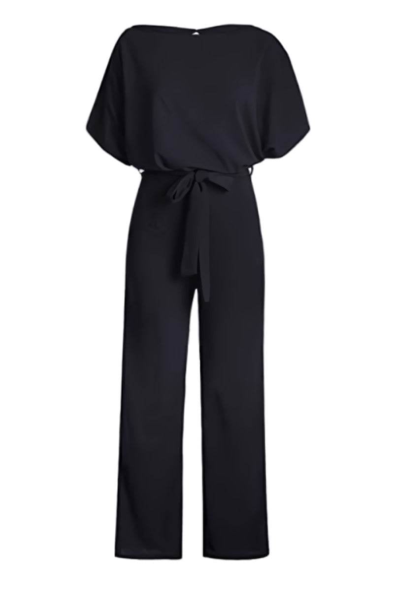 Close-up of the batwing sleeve and round neckline detail on the Stella jumpsuit in navy blue