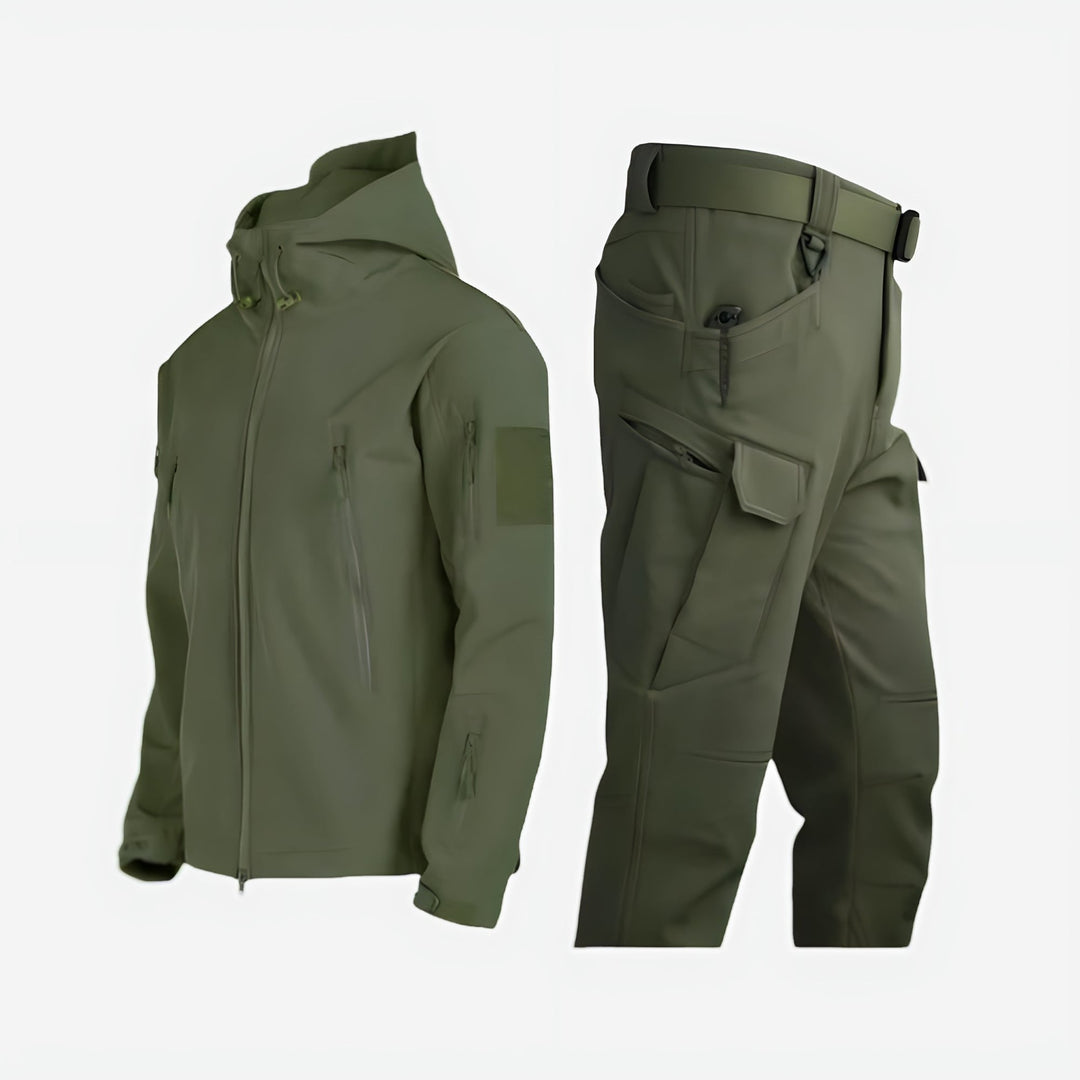 Close-up of waterproof outdoor set fabric showing insulated padding and zipper detail
