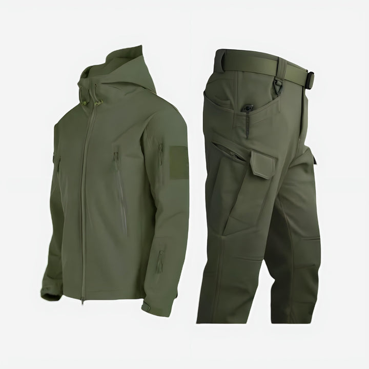 Close-up of waterproof outdoor set fabric showing insulated padding and zipper detail