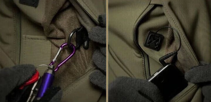 Model moving freely in khaki waterproof outdoor set demonstrating unrestricted mobility