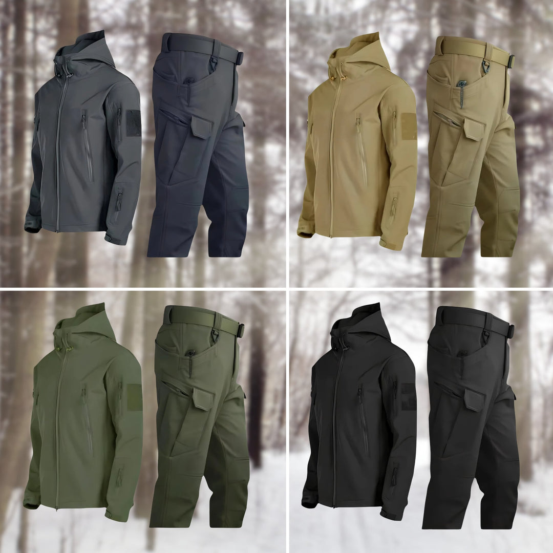 Group of four waterproof outdoor sets in black, khaki, green, and grey color options