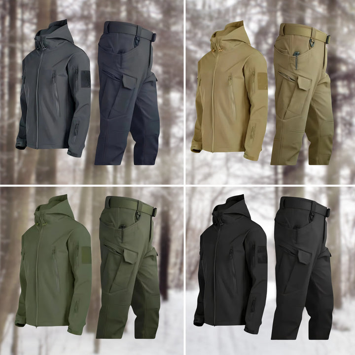 Group of four waterproof outdoor sets in black, khaki, green, and grey color options