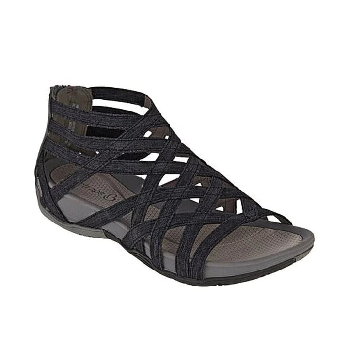 Women's orthopedic adjustable sandals in red, side view showing arch support