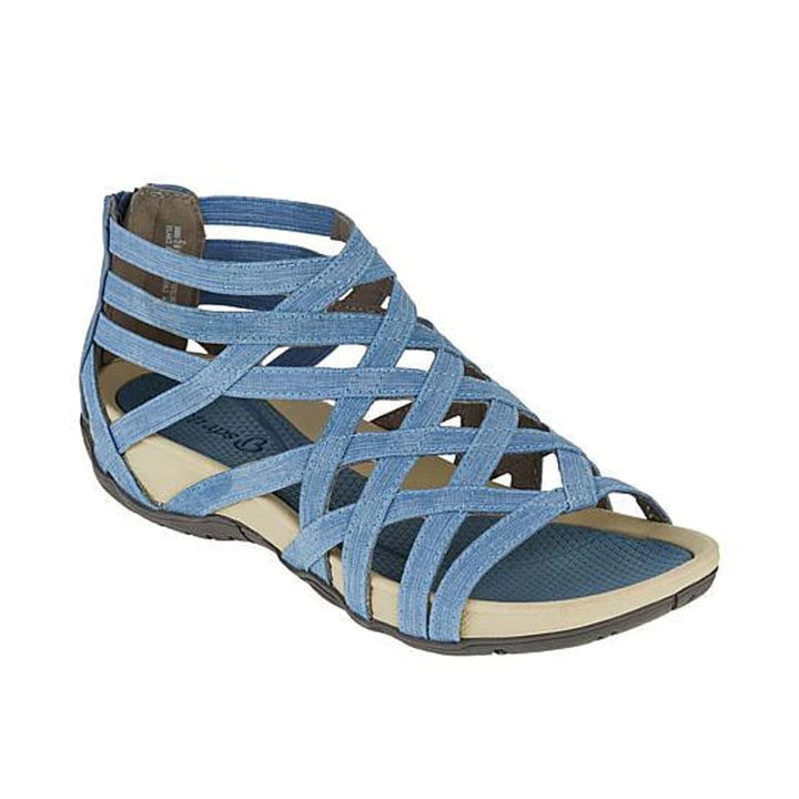 Women's orthopedic adjustable sandals in red, top-down view of strap detail