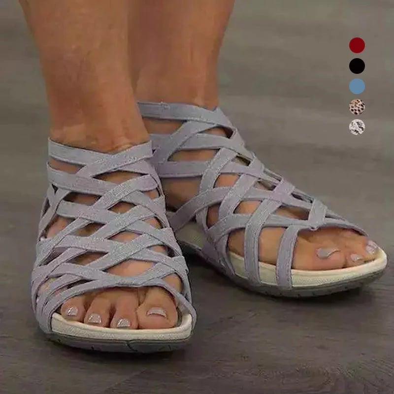Women's orthopedic adjustable sandals in gray, top-down view of strap detail