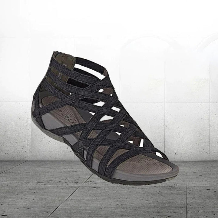 Women's orthopedic adjustable sandals in light blue, top-down view of strap detail