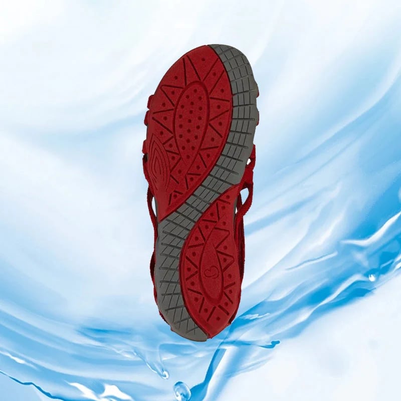 Close-up of adjustable strap buckle on women's orthopedic sandals