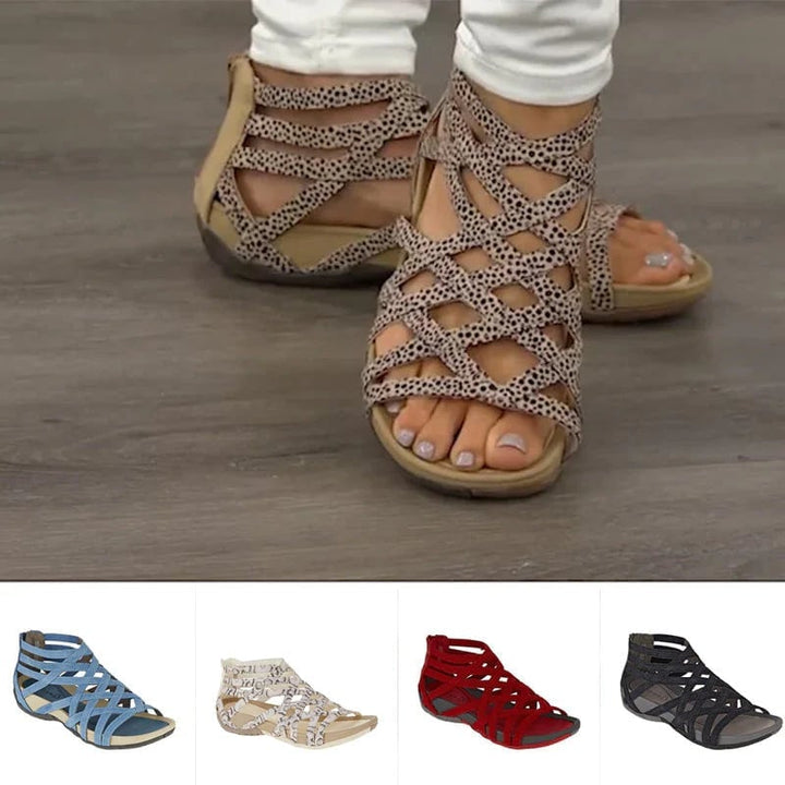 Women wearing orthopedic adjustable sandals in red with a casual summer outfit
