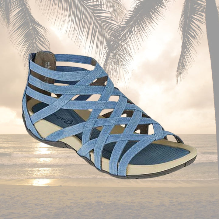 Women wearing orthopedic adjustable sandals in light blue outdoors in summer