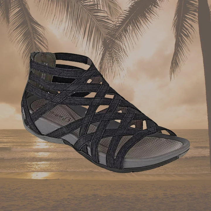 Flat lay of all four color options of women's orthopedic adjustable sandals