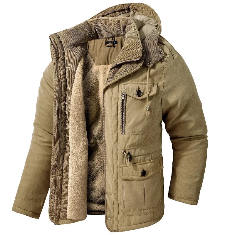Women's Summit Winter Jacket in khaki with storm hood and adjustable cuffs, front view